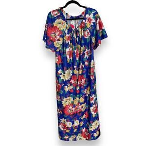 Vintage 80s Take 5 Blue Colorful Floral Lounge Dress Kaftan Muumuu Size Medium